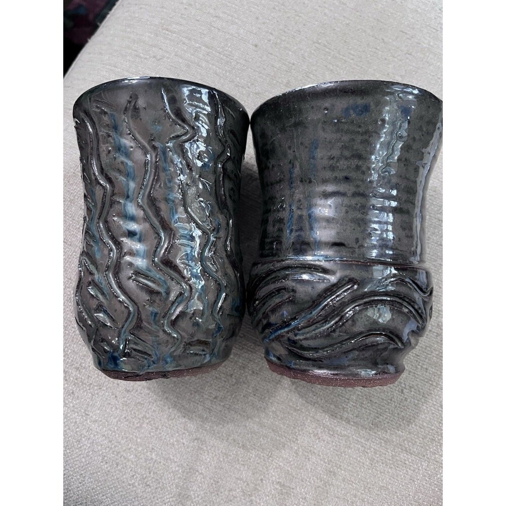 Handleless Hand Fired Flow Design Mug Cup Vase Black Brown Iridescent Pottery